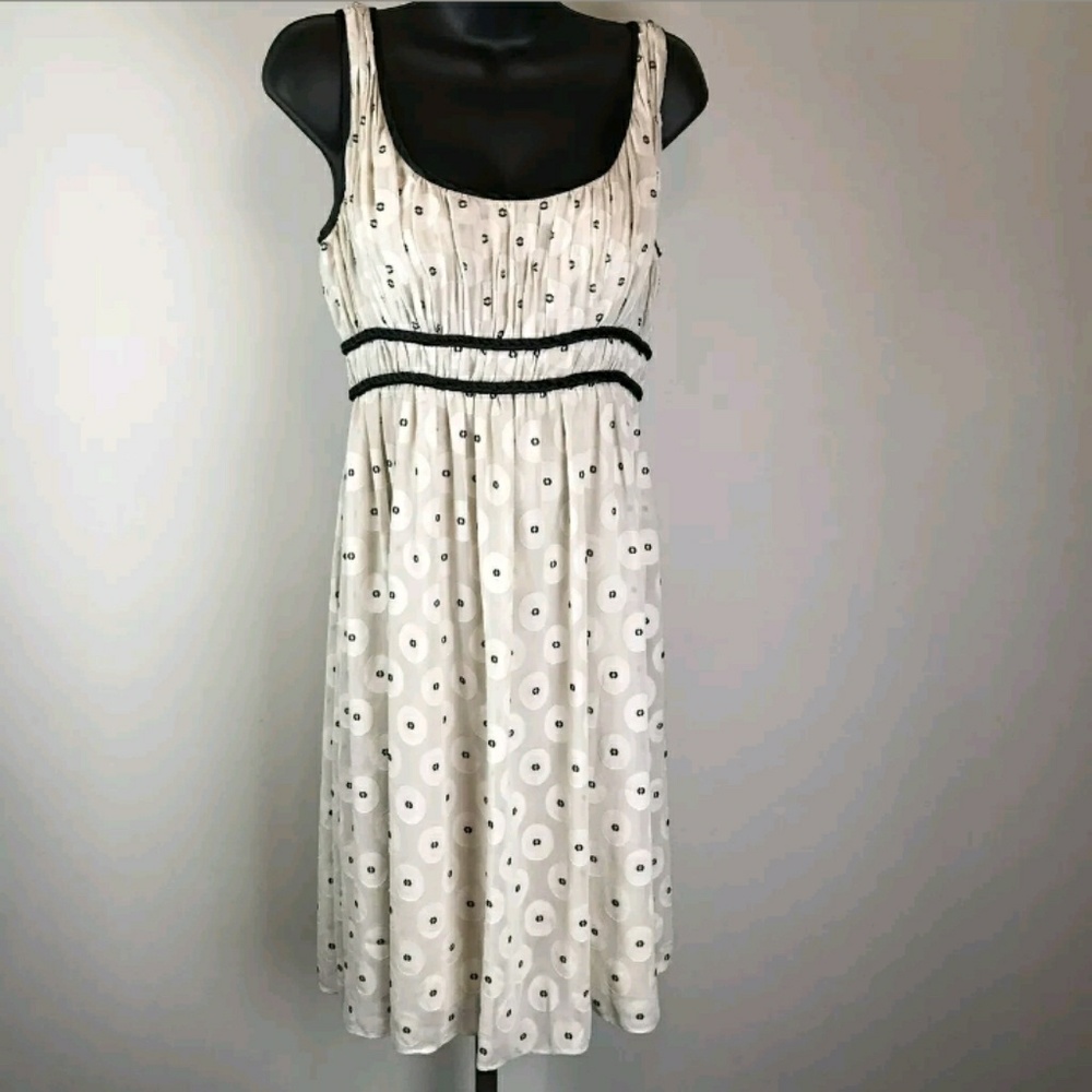 Adrianna Papell Women Dress Size 4 Beige Black Dots Baby Doll Sleeveless